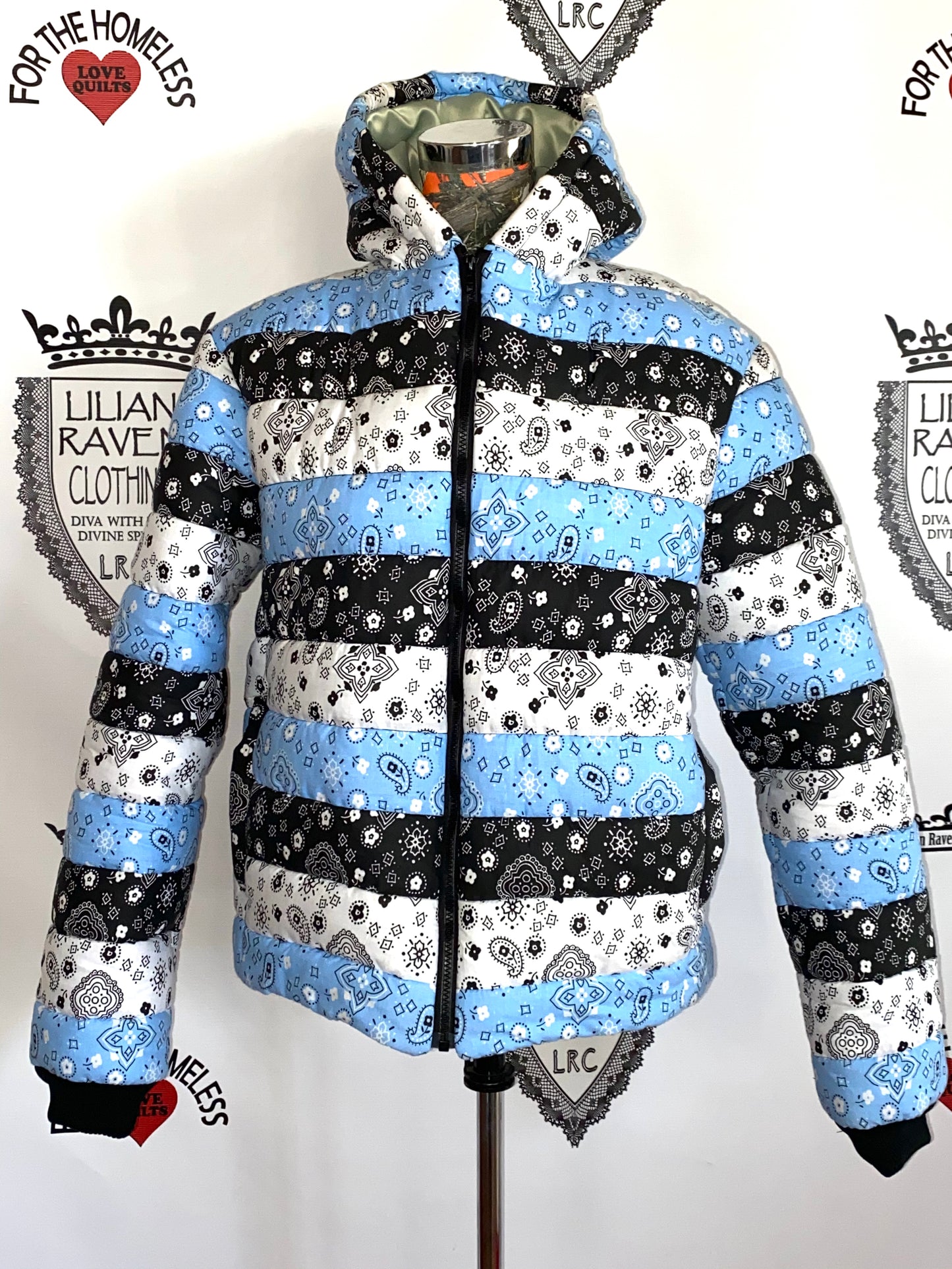 Hooded Bandana Puffer Jacket Black Blue White