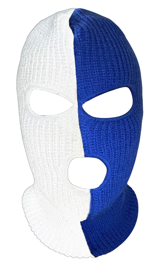 Ski Mask White and Blue 3 holes Half  White Half Blue Colors