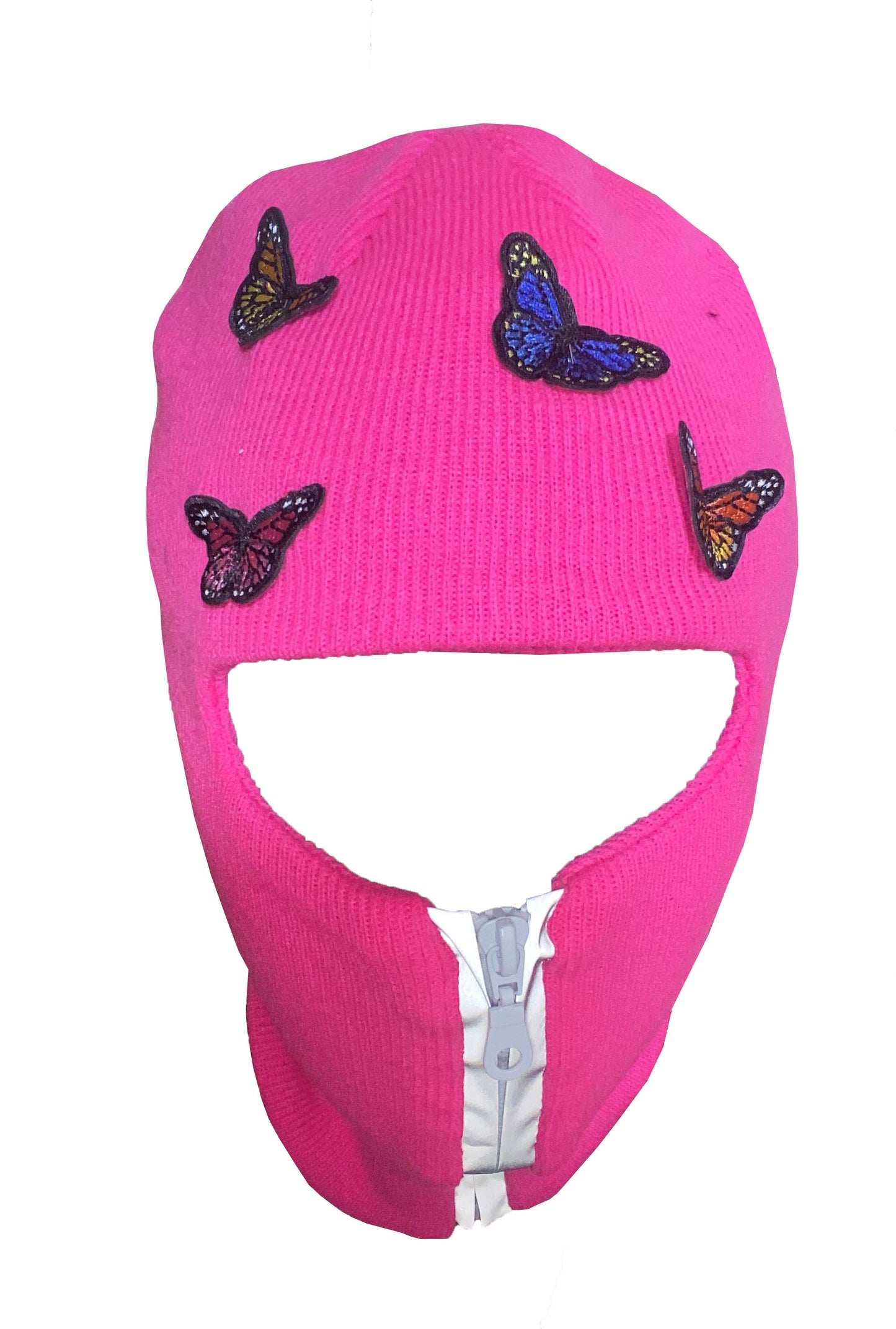 Neon Pink reflective zip up Balaclava with butterflies ski mask