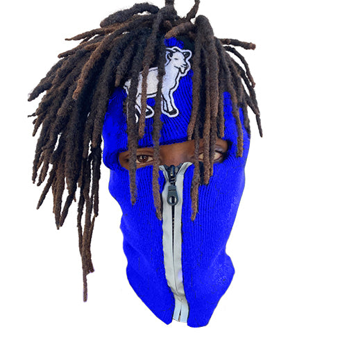 Dread Head Blue reflective zip up Balaclava with goat emblem ski mask