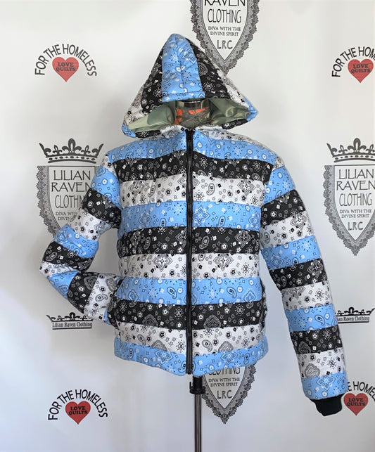 Hooded Bandana Puffer Jacket Black Blue White