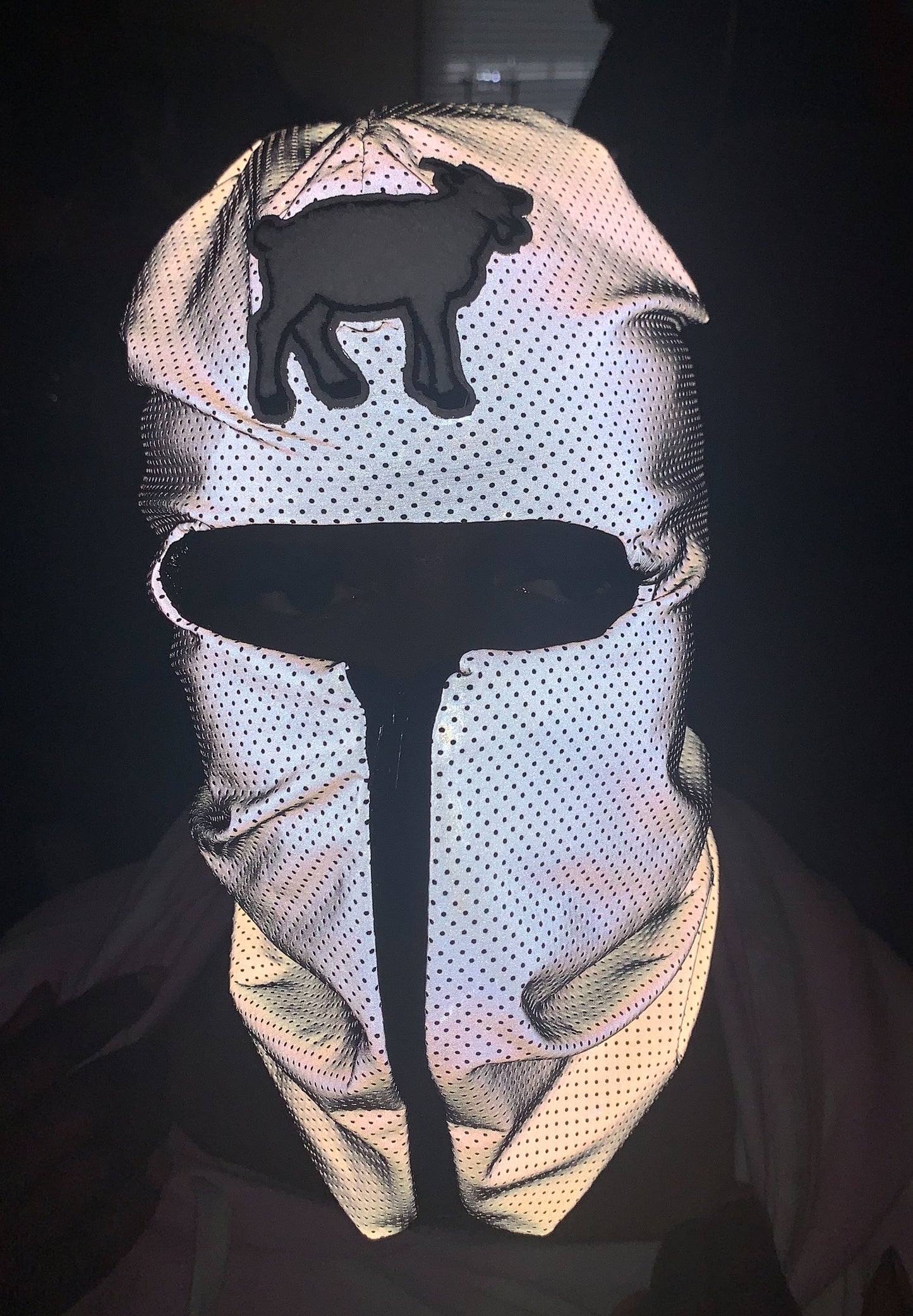 Reflective zip up Balaclava with white goat emblem ski mask