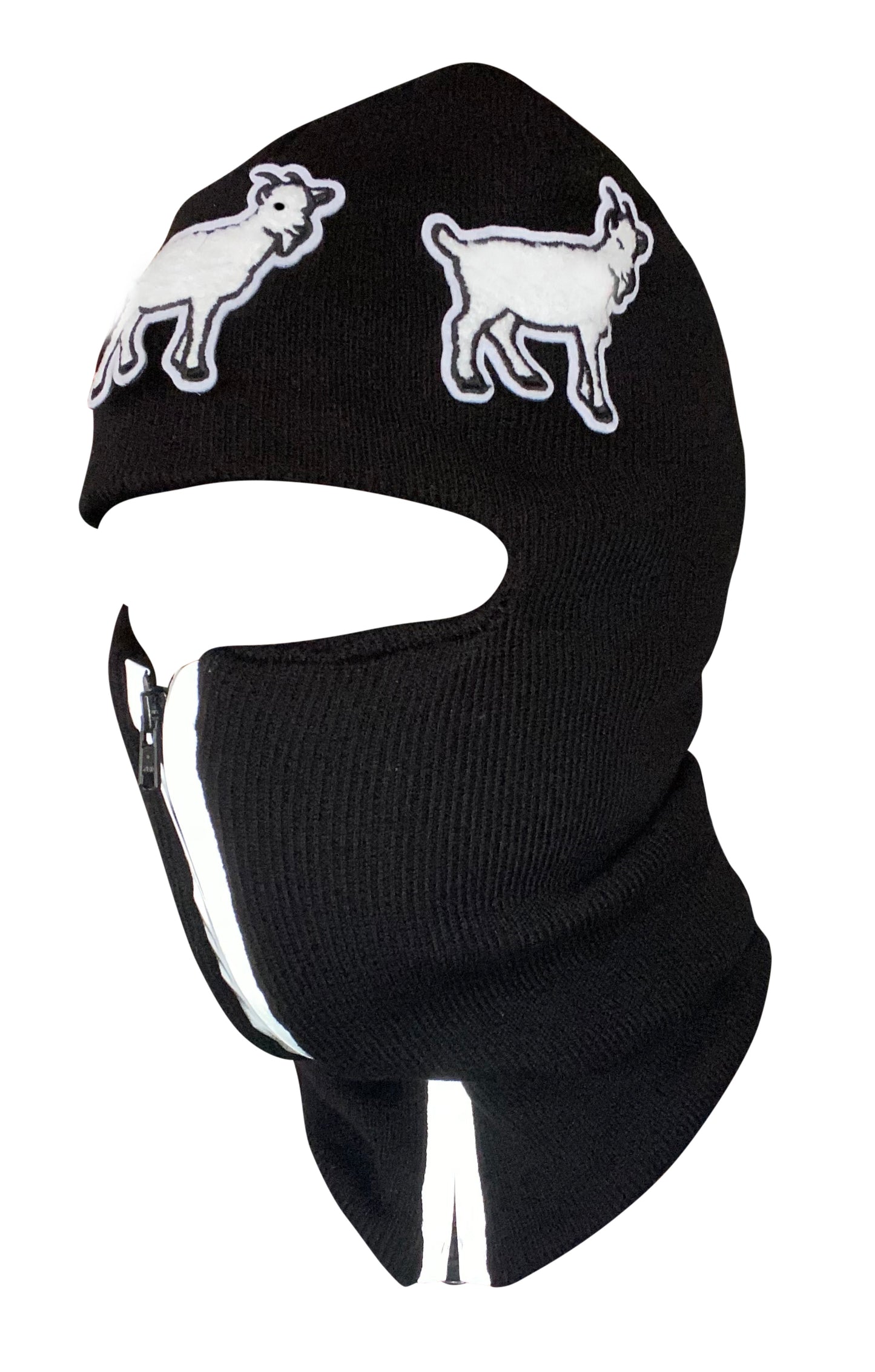 Black reflective zip up Balaclava with 3 goat emblems ski mask