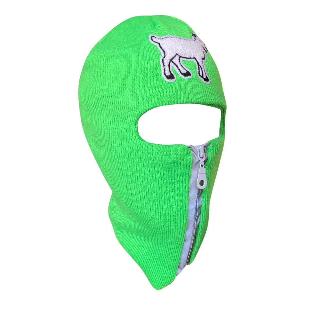 Slime Green reflective zip up Balaclava with Goat ski mask