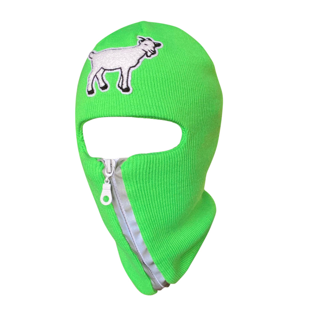 Slime Green reflective zip up Balaclava with Goat ski mask